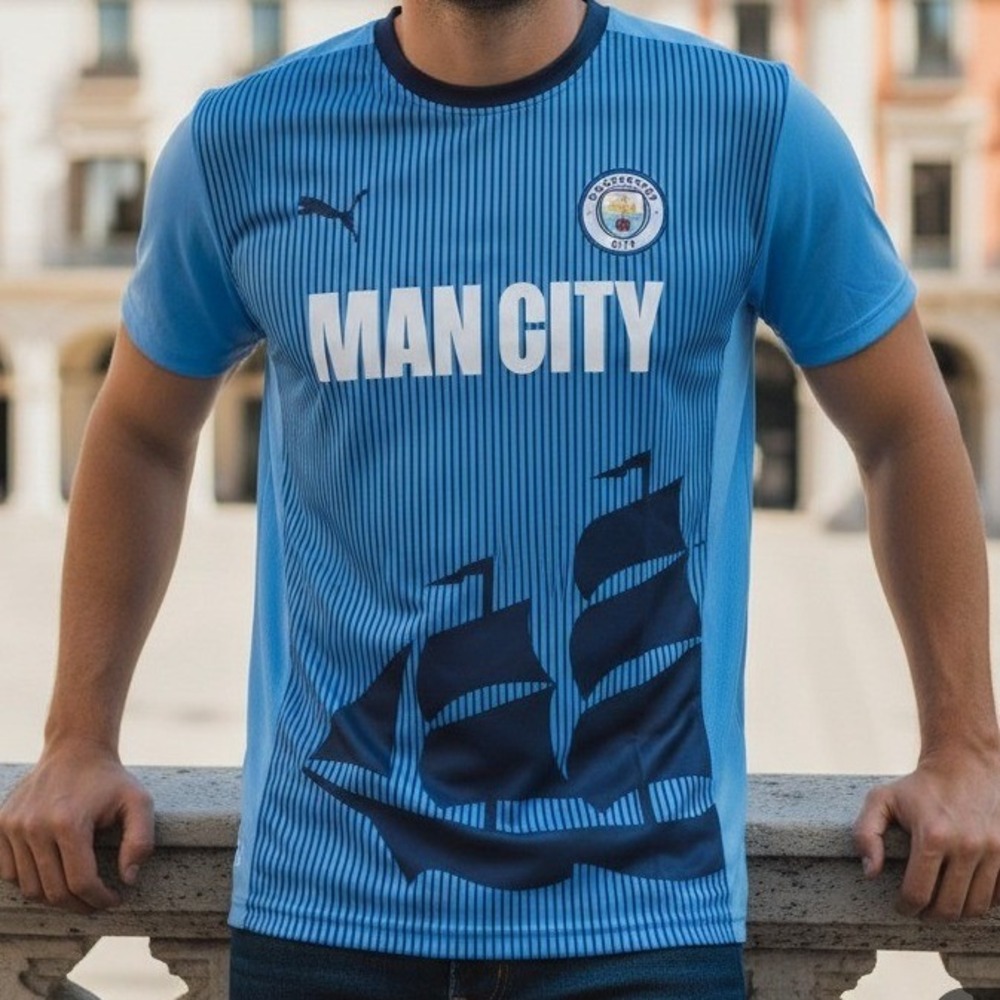 Manchester City‎ FC Mens Soccer Jersey Blue Ship Graphic Size L